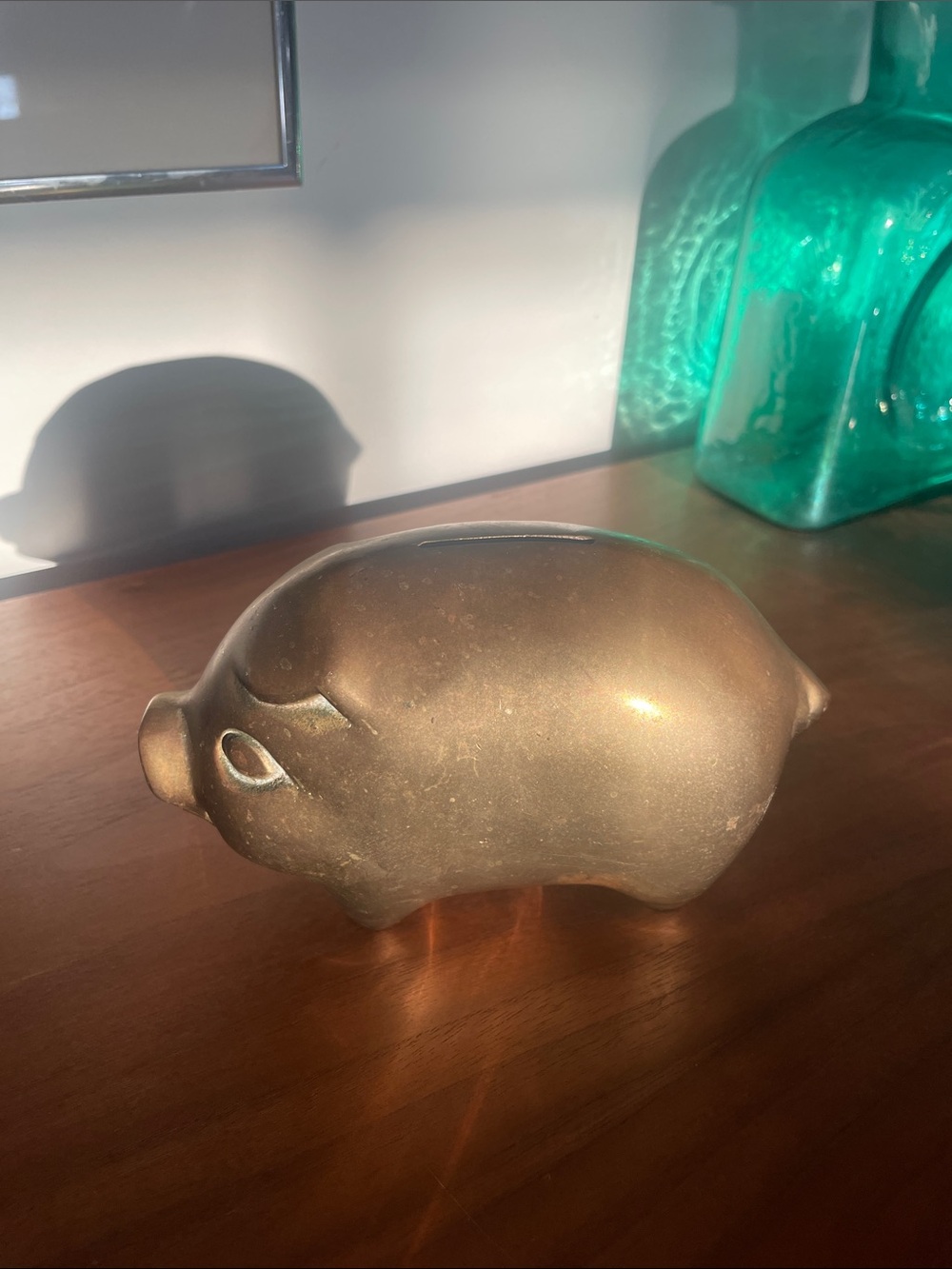 VINTAGE Brass Pig PIGGY BANK great patina